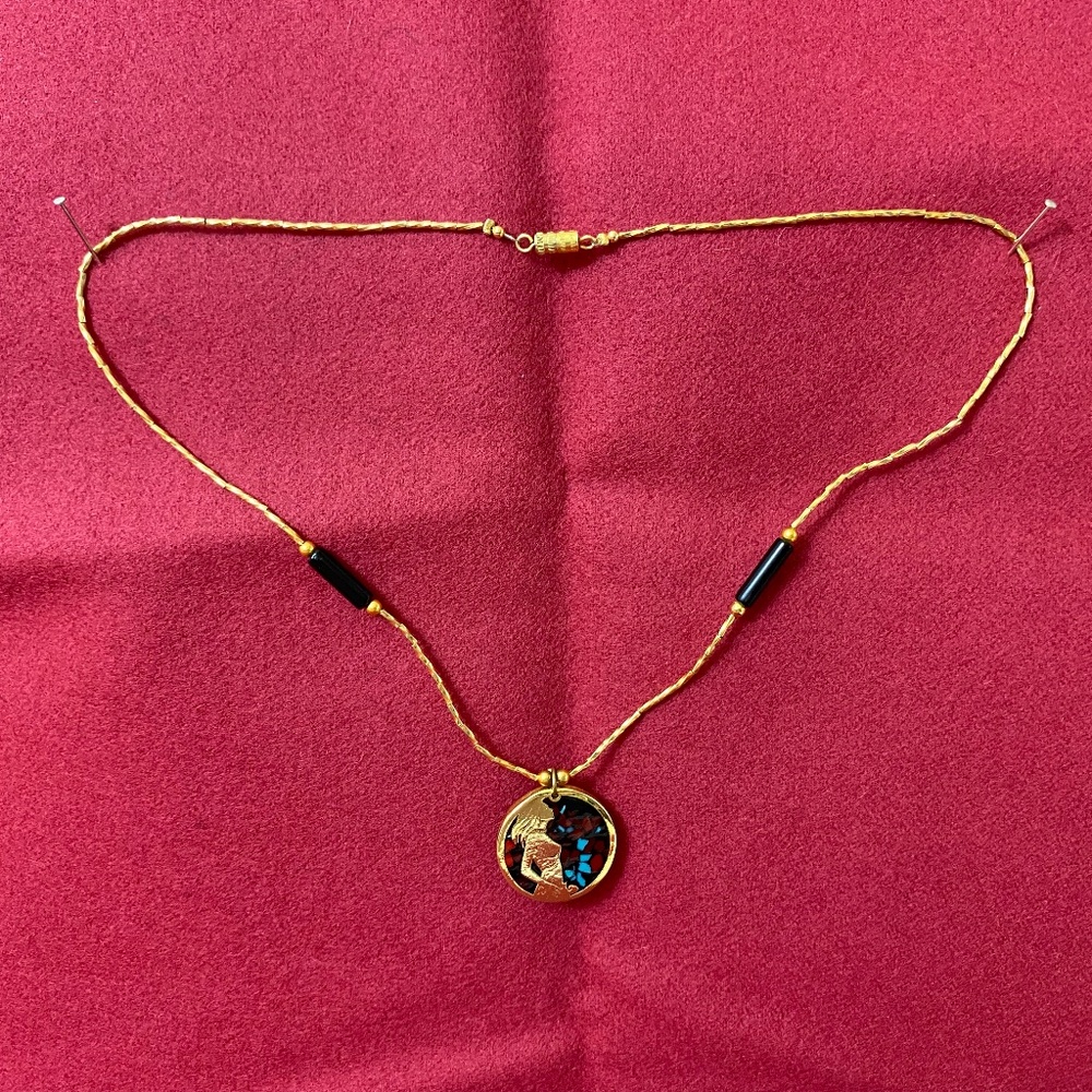 Vintage 70's Artisan's Gold Necklace with Woman and Stones. 18"